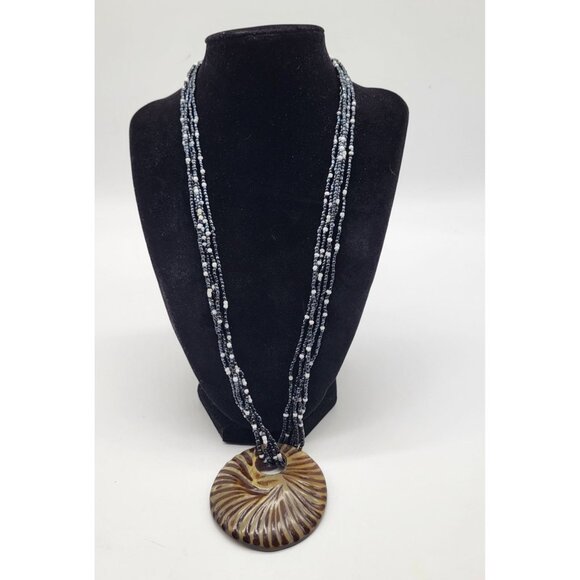 Boho Multi Strand Seed Bead Necklace w/Circle Disc Wood Pendant - Picture 1 of 10